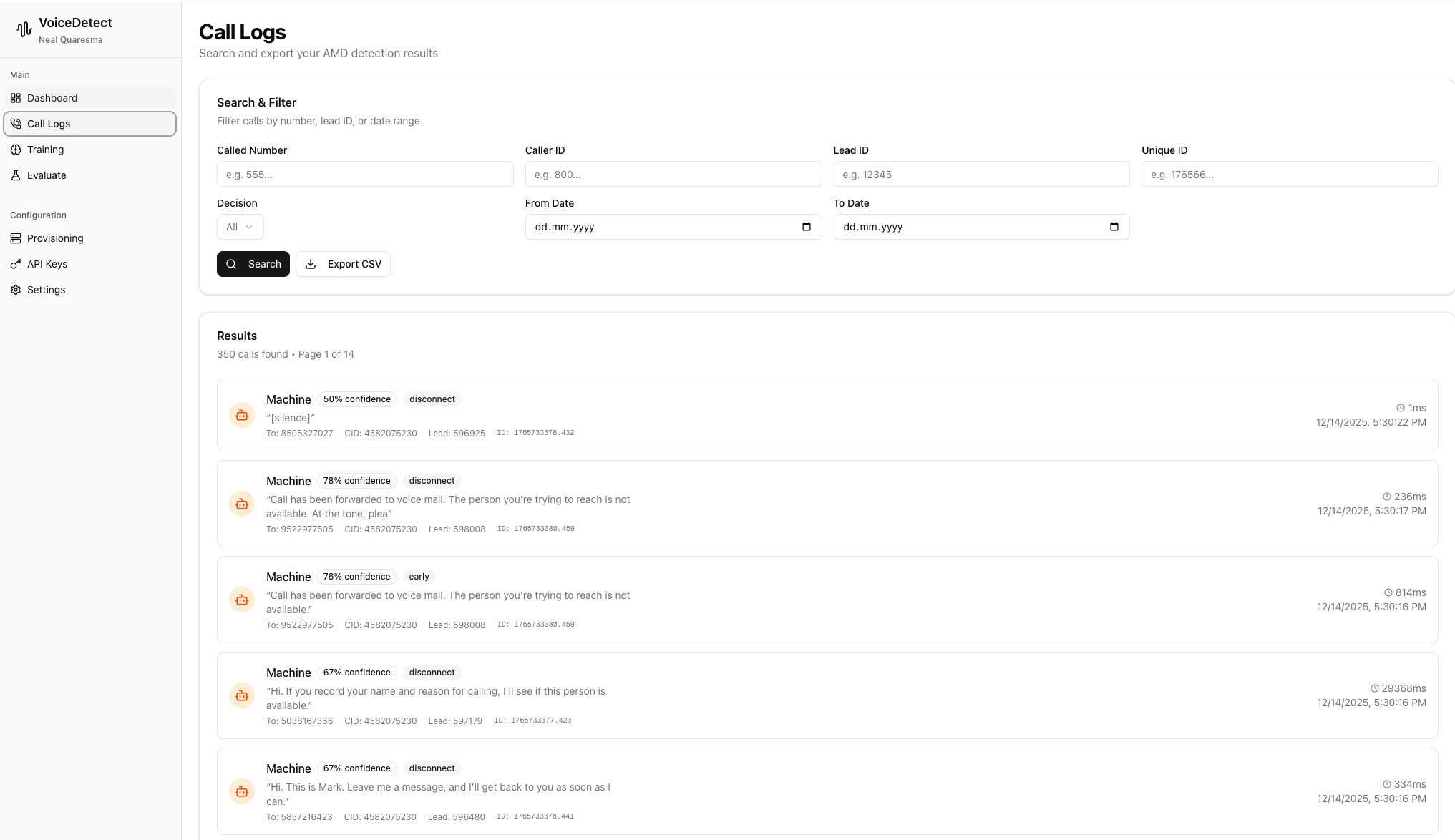 VoiceDetect Call Logs with search, filter, and export functionality