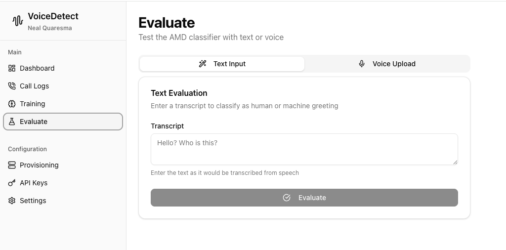 VoiceDetect Evaluate interface for testing classifier
