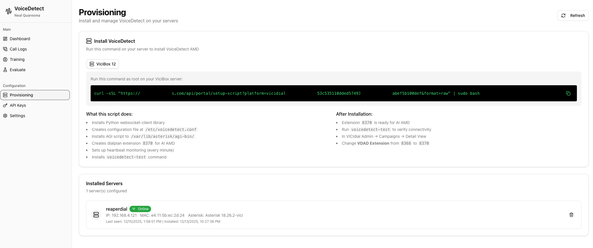VoiceDetect Provisioning with one-command installation