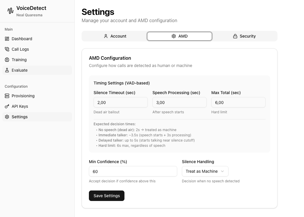 VoiceDetect Settings with AMD configuration options