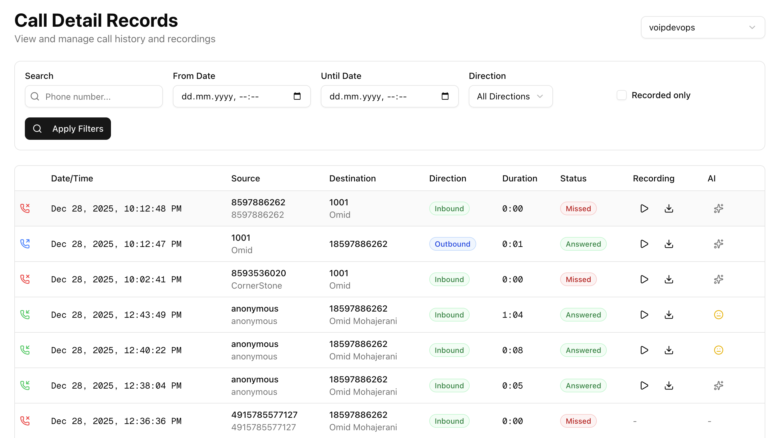 CloudComm Call Detail Records with filtering and AI analysis