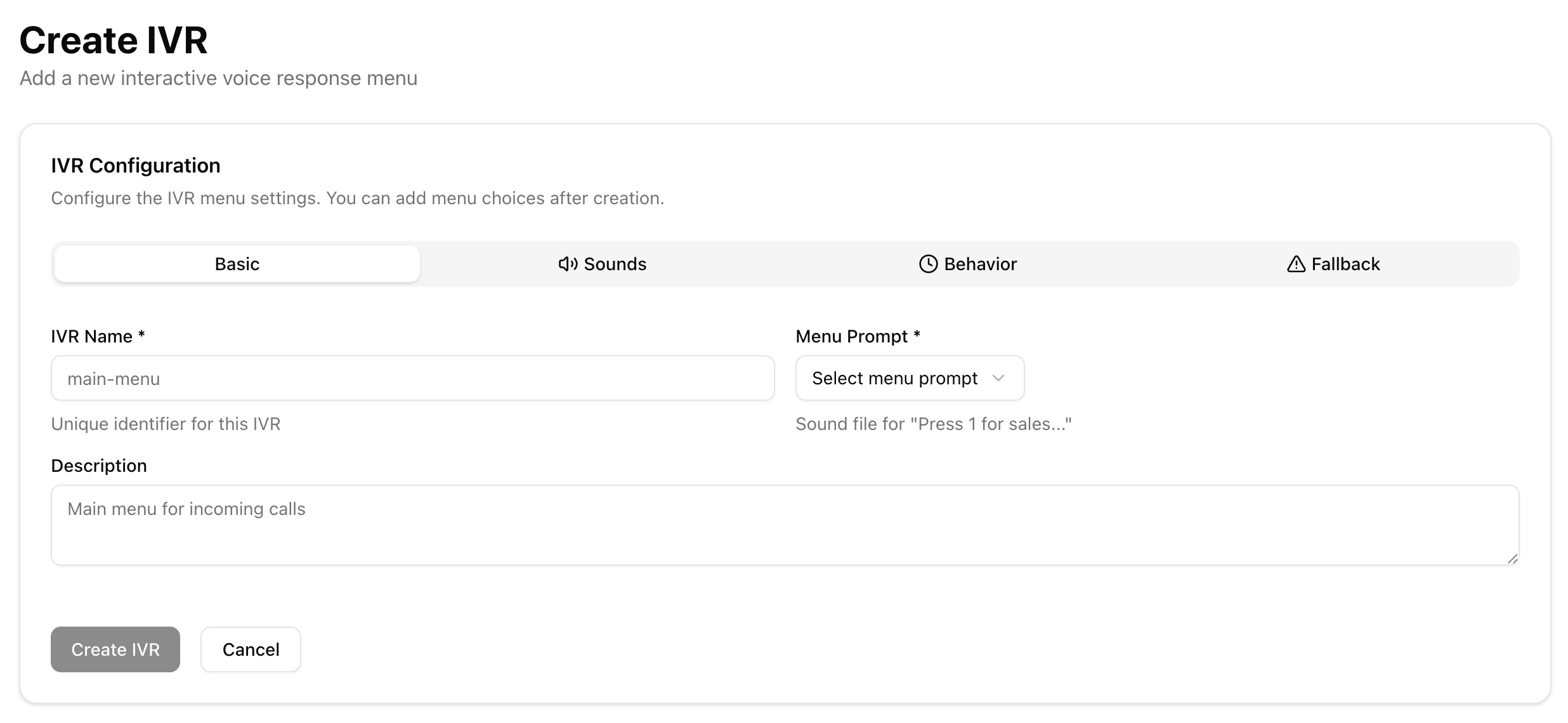 CloudComm IVR Menu Builder with sounds and behavior settings