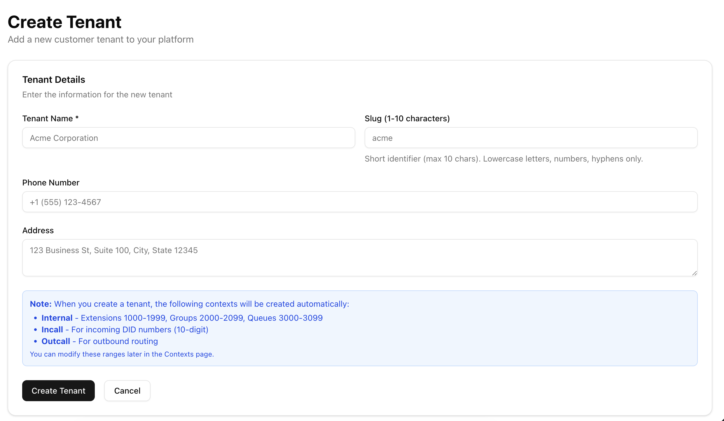 CloudComm tenant creation with automatic context generation