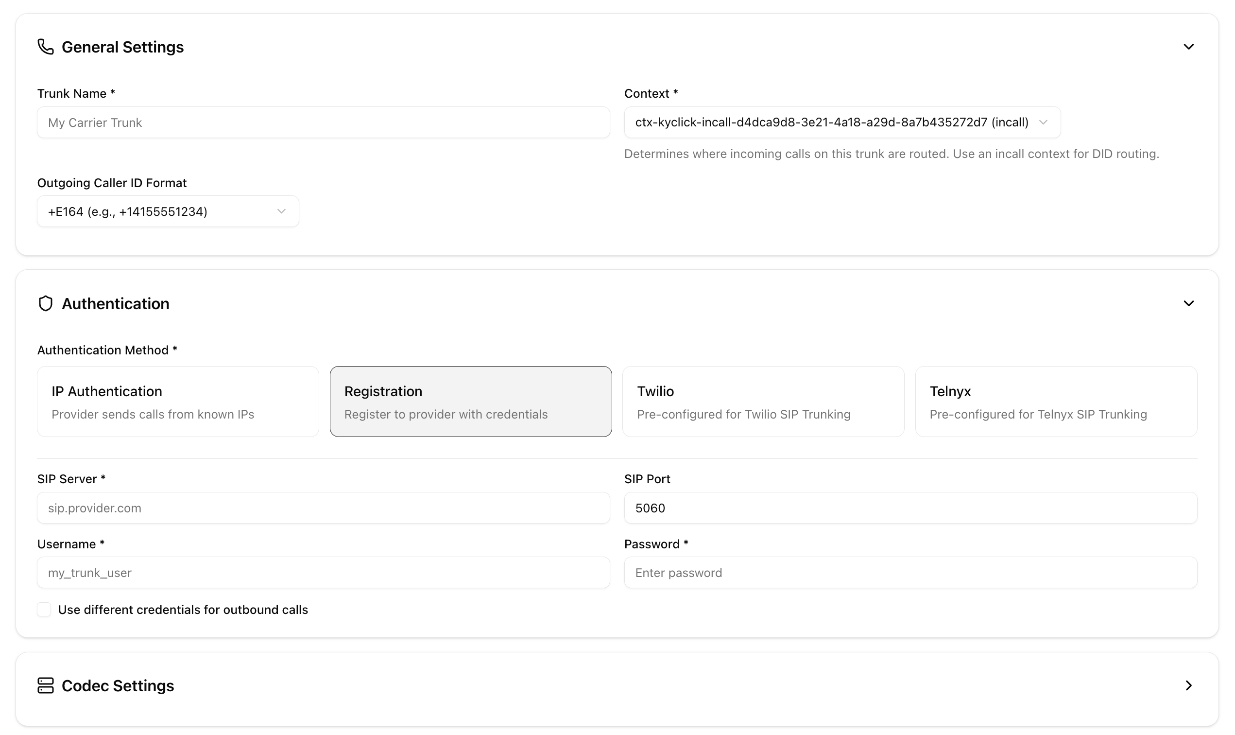 CloudComm SIP Trunk Configuration with provider presets