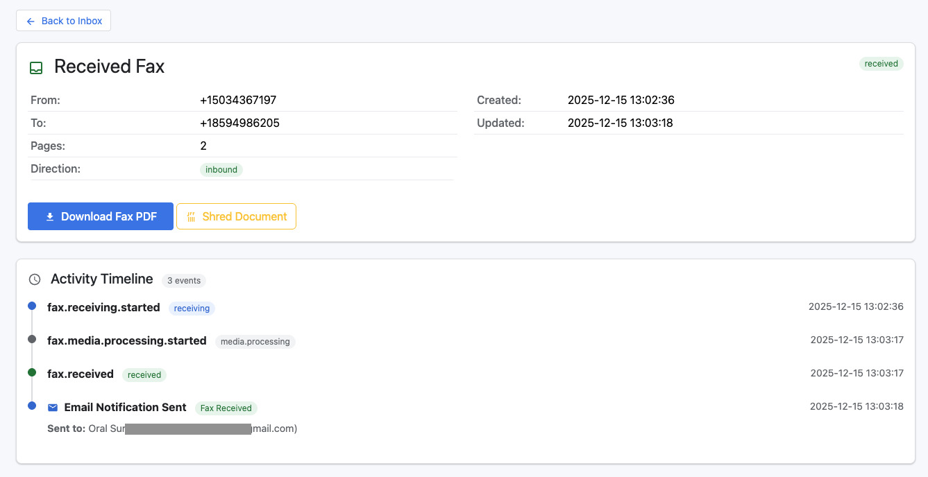 eFax Detail view with activity timeline and download options
