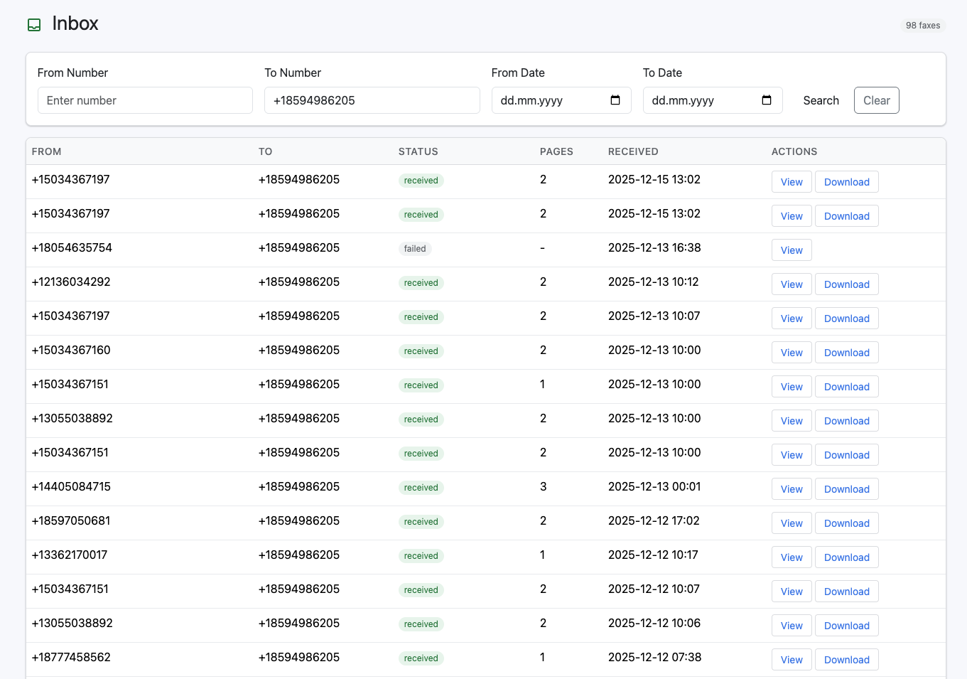 eFax Inbox with search, filter, and download functionality
