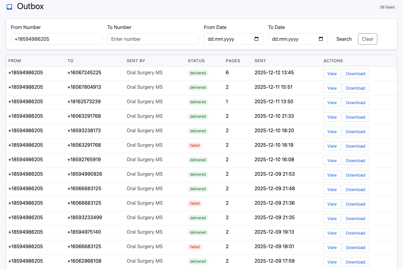 eFax Outbox showing sent faxes with delivery status