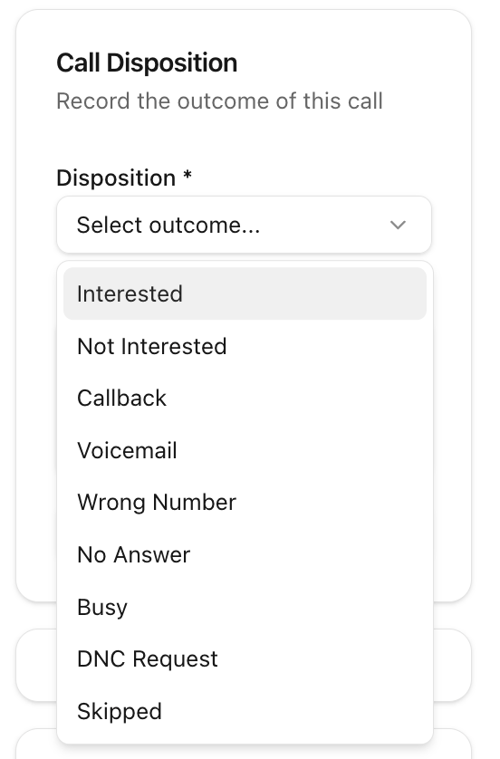 LeadDialer Call Disposition dropdown with outcome options