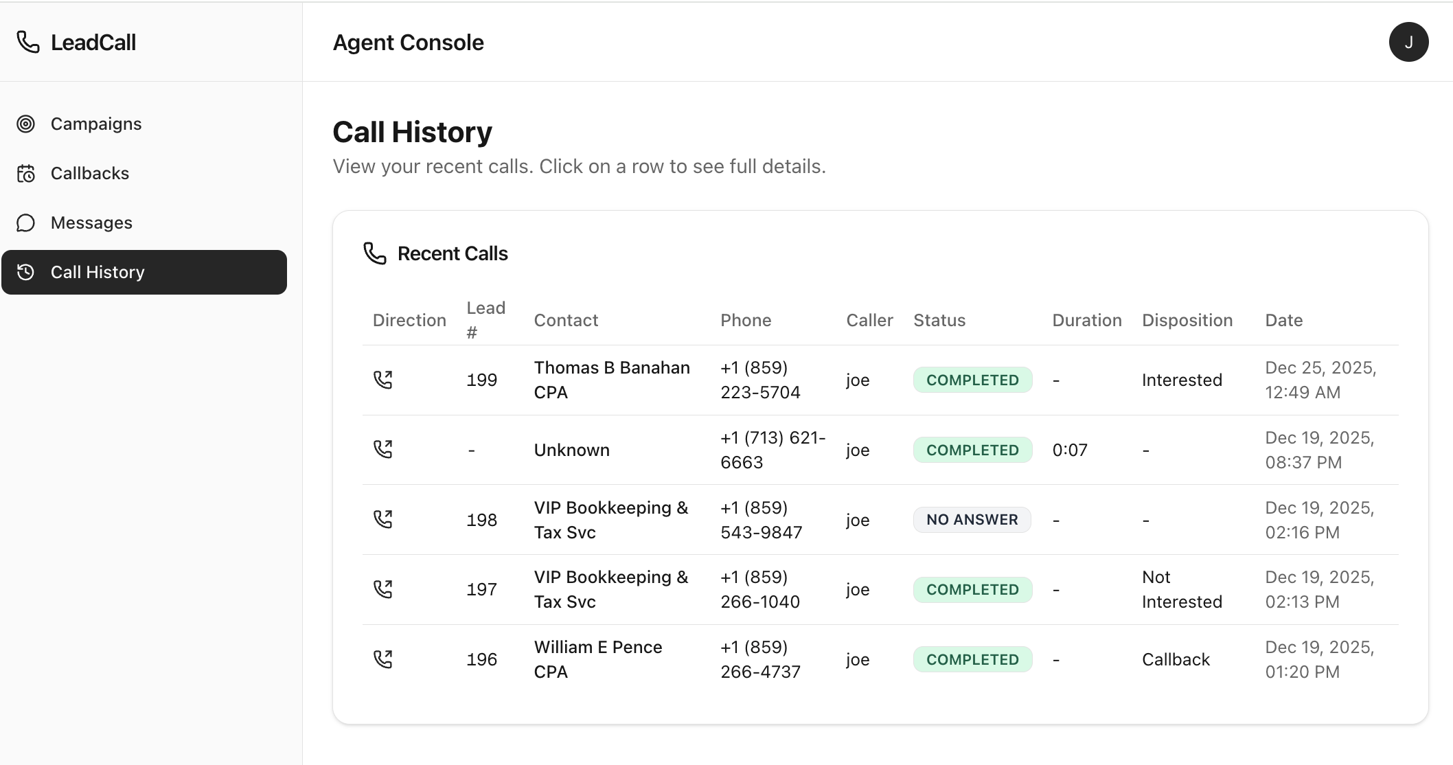 LeadDialer Call History showing recent calls with dispositions