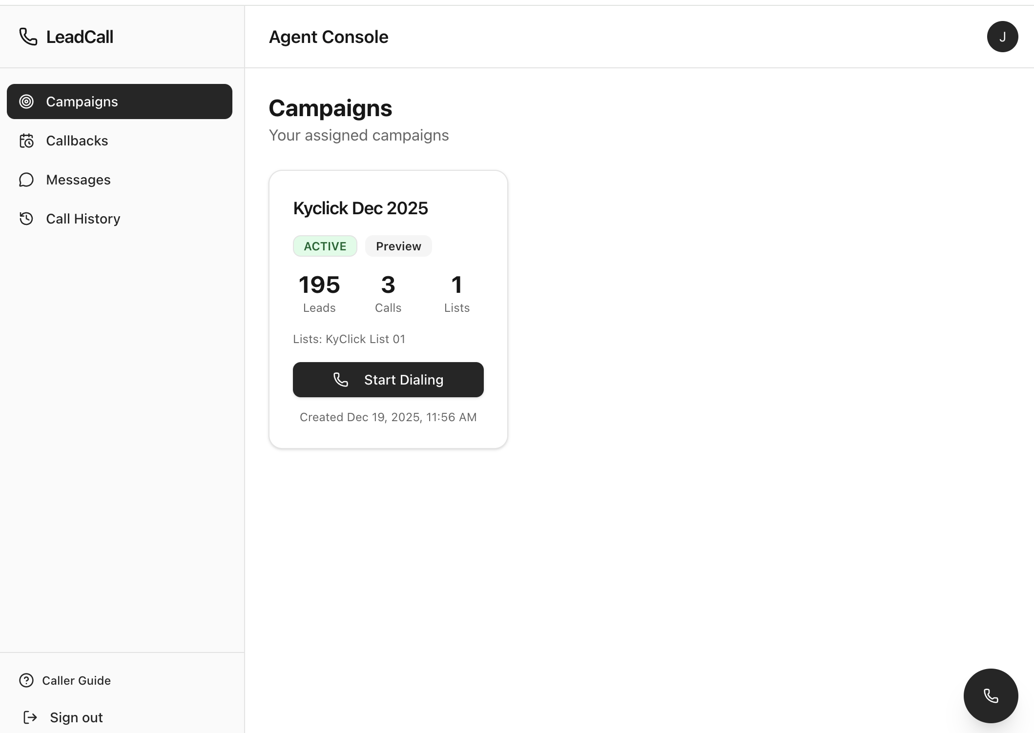LeadDialer Campaigns dashboard showing campaign cards with statistics
